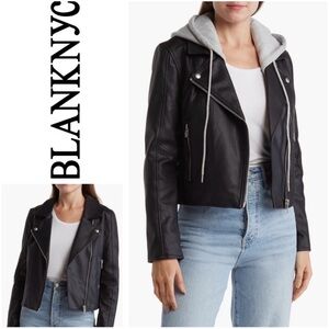 Blank NYC Black Faux Leather Jacket with Gray Detachable Hood
